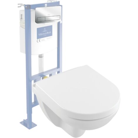 Pack WC suspendu compact sans bride VILLEROY ET BOCH O.novo + abattant + plaque chromée + bâti