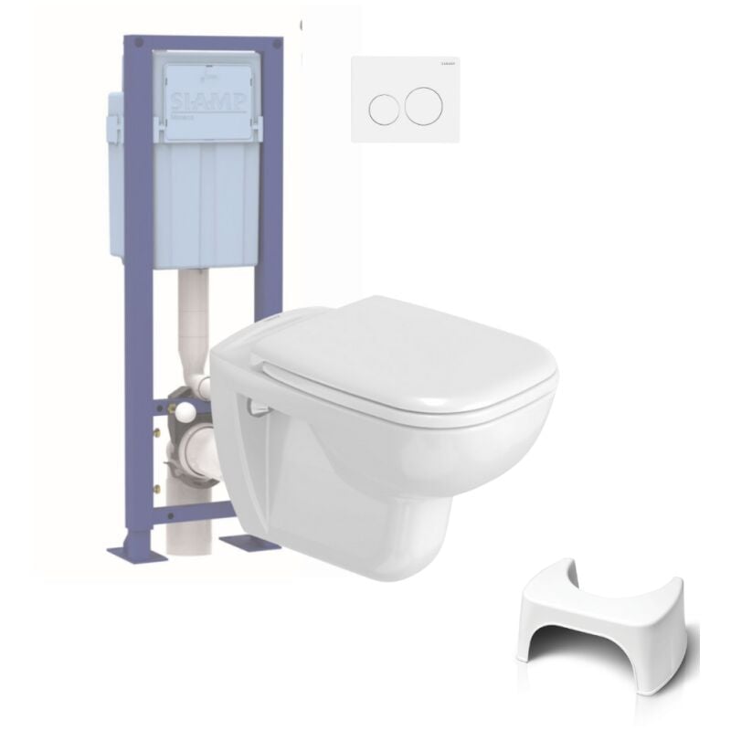 Duravit - Pack wc suspendu D-code + bati support siamp + plaque + tabouret physiologique blanc
