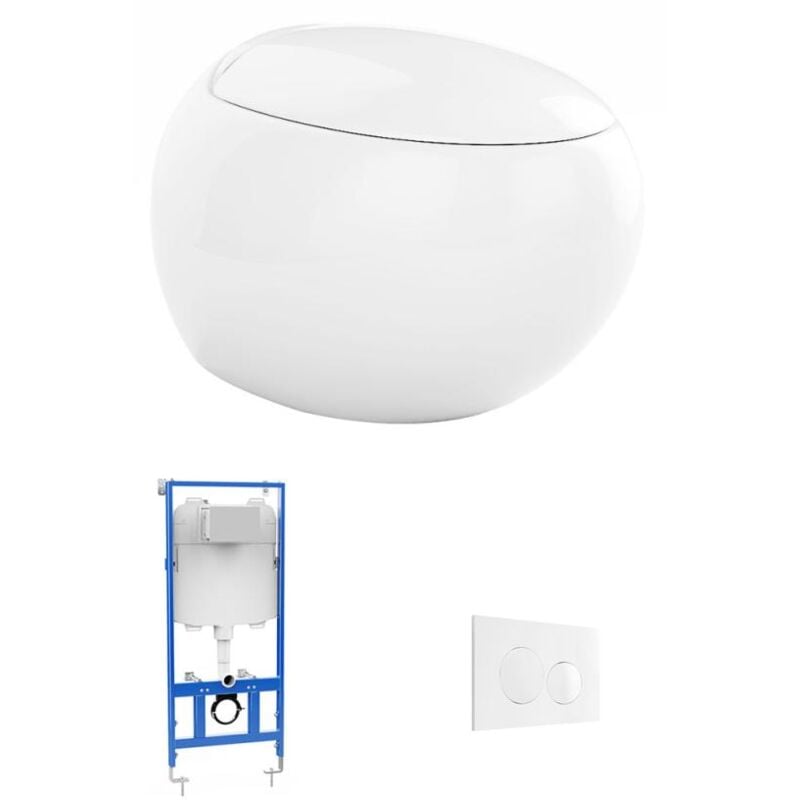 Vente-unique - Pack wc suspendu en céramique blanc avec bâti-support et plaque de déclenchement - huro ii