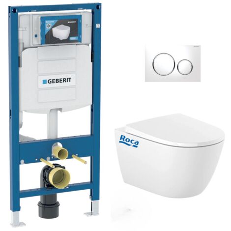 Pack WC suspendu Geberit Duofix UP320 – GEBONAC – cuvette Roca sans bride, abattant Soft Close, plaque de commande blanche