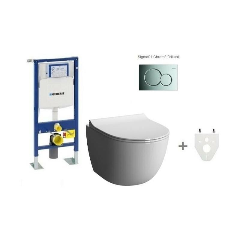 Pack Wc suspendu Geberit sans bride modèle court Plaque de commande Geberit Sigma01 chromé brillant
