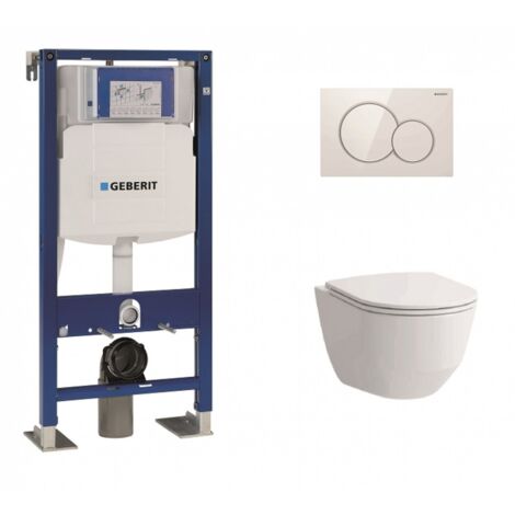 Pack WC suspendu Geberit UP320 – Cuvette Rimless sans bride – Abattant Slim frein de chute – Plaque de déclenchement Sigma blanche