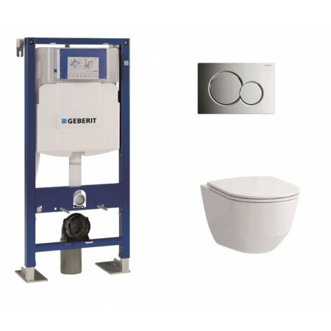 Pack WC suspendu Geberit UP320 – Cuvette Rimless sans bride – Abattant Slim frein de chute – Plaque de déclenchement Sigma CHR brillante