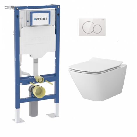 Pack WC suspendu Geberit UP320 – Cuvette sans bride Mesto Square – Plaque Sigma 12cm – Chasse d'eau 6/3L