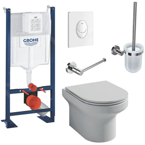 Pack WC suspendu Jacob Delafon sans bride Elite abattant + Bâti support Grohe RapidSL + plaque blanche + Porte-balai + Porte-rouleau