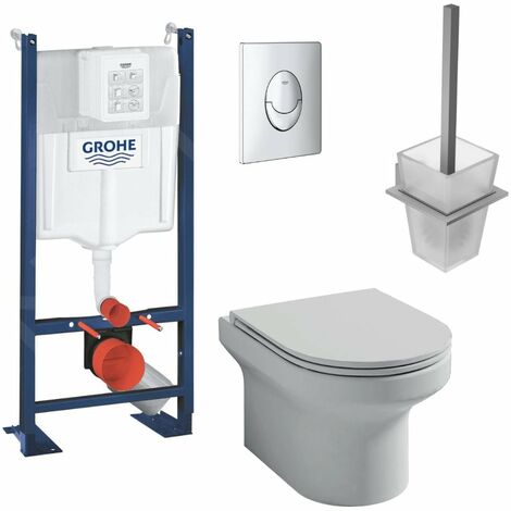 Pack WC suspendu Jacob Delafon sans bride Elite abattant + Bâti support Grohe RapidSL + plaque chromé + Porte-balai carré