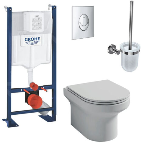 Pack WC suspendu Jacob Delafon sans bride Elite abattant extraplat + Bâti support Grohe RapidSL + plaque chromé + Porte-balai