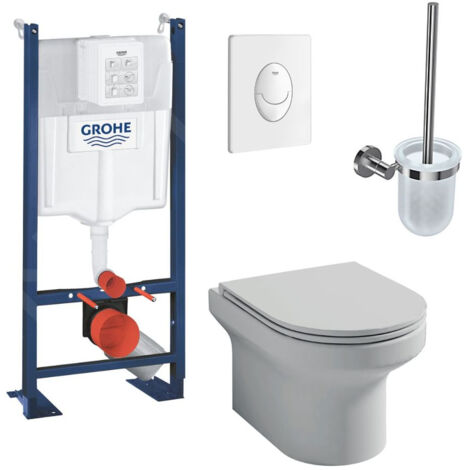Pack WC suspendu Jacob Delafon sans bride Elite, abattant extraplat fermeture douce, Blanc + Bâti support wc Grohe Rapid SL Project 1.13 M + plaque de commande blanc Grohe quickfix + Porte-balai Chro