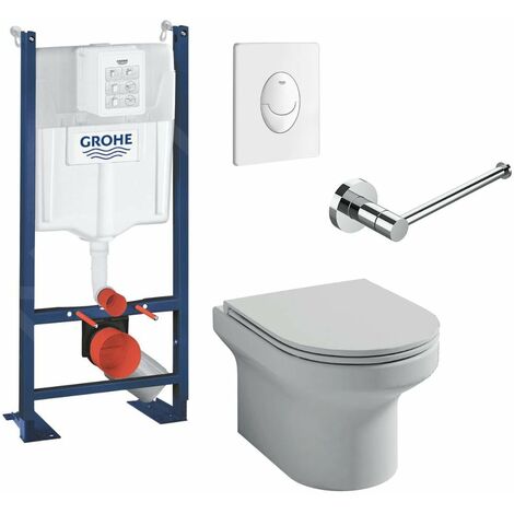 Pack WC suspendu Jacob Delafon sans bride Elite, abattant extraplat fermeture douce, Blanc + Bâti support wc Grohe Rapid SL Project 1.13 M + plaque de commande blanc Grohe quickfix + Porte-rouleau Ch