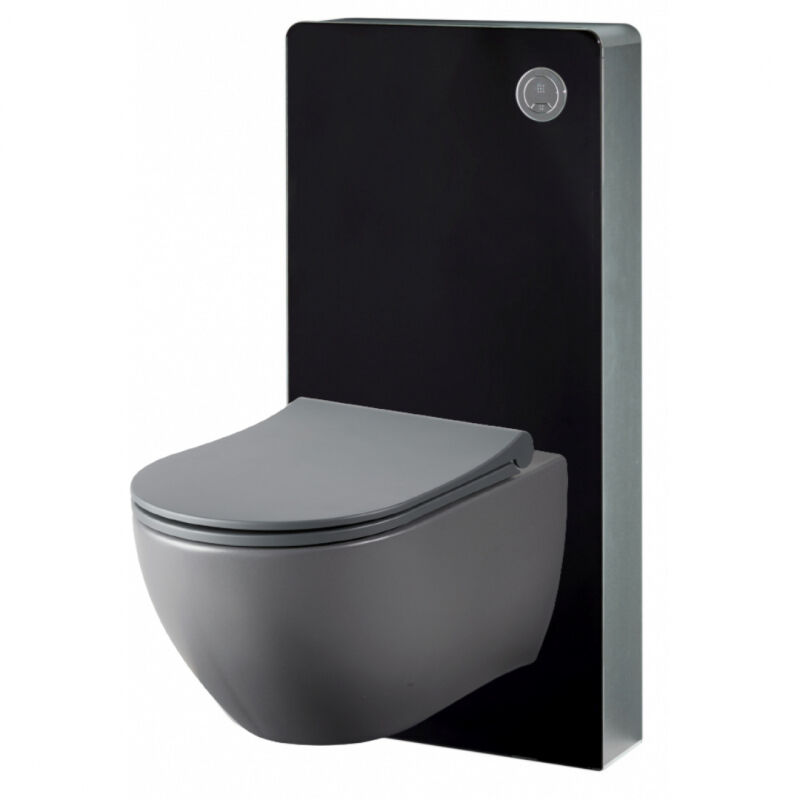 Pack wc suspendu mural en verre noir et cuvette carénée grise sans bride knidos