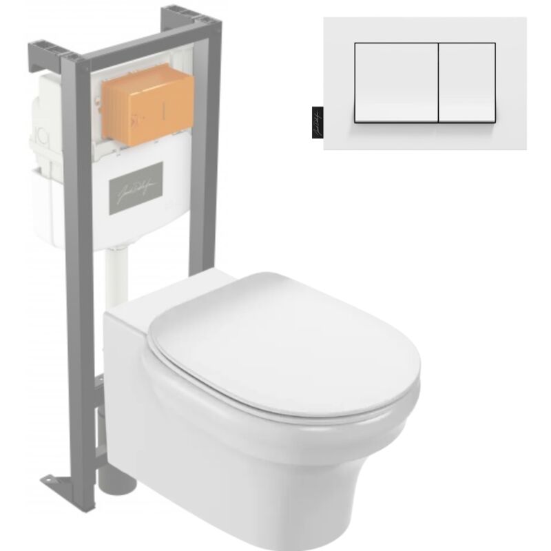 Pack wc suspendu sans bride à économie d'eau Jacob Delafon Cléo 1889 + abattant + bâti-support + plaque rectangle blanche