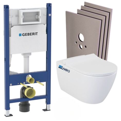 Pack WC suspendu sans bride – Bâti-support Geberit Duofix – Cuvette céramique blanche – Abattant soft close – Plaque de déclenchement blanche
