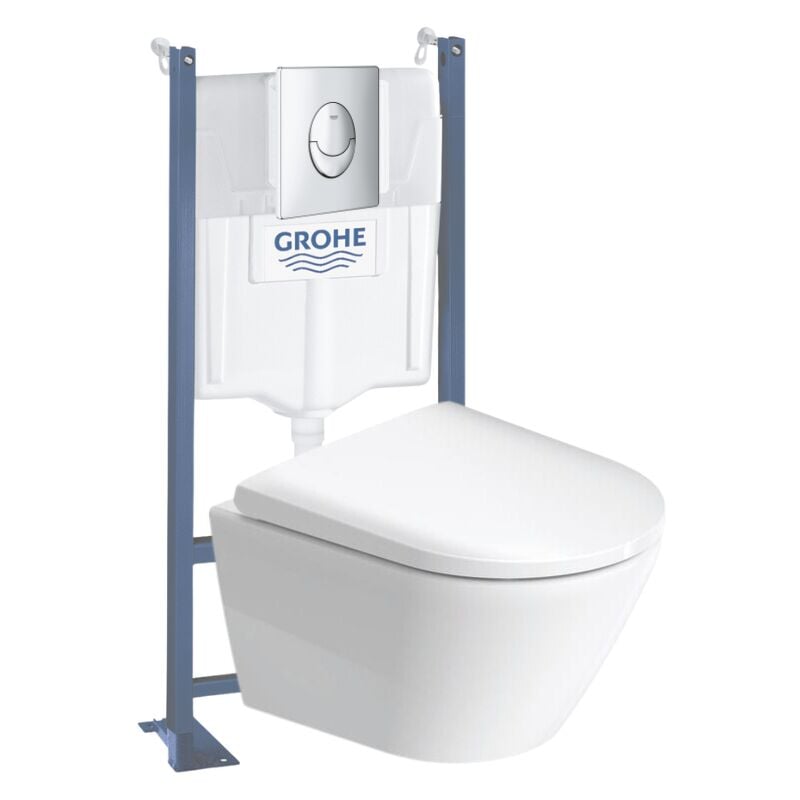 Pack wc suspendu sans bride compact Duravit D-Neo + bâti support grohe Rapid sl Projet + abattant + plaque chromé