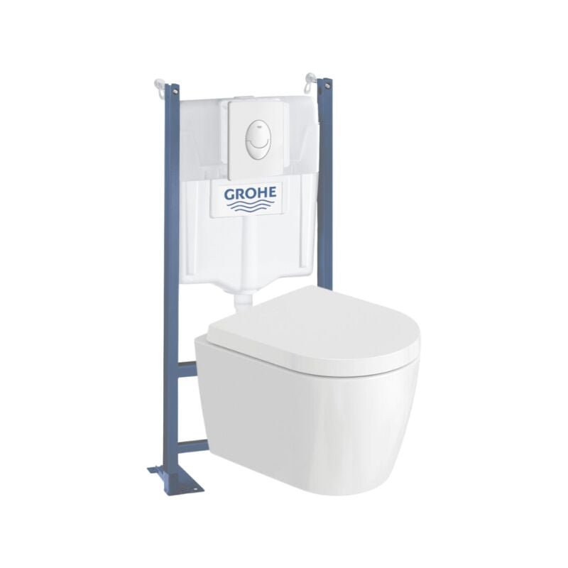Pack wc suspendu sans bride compact Duravit Me by Starck + bâti support grohe Rapid sl Projet + abattant + plaque blanc