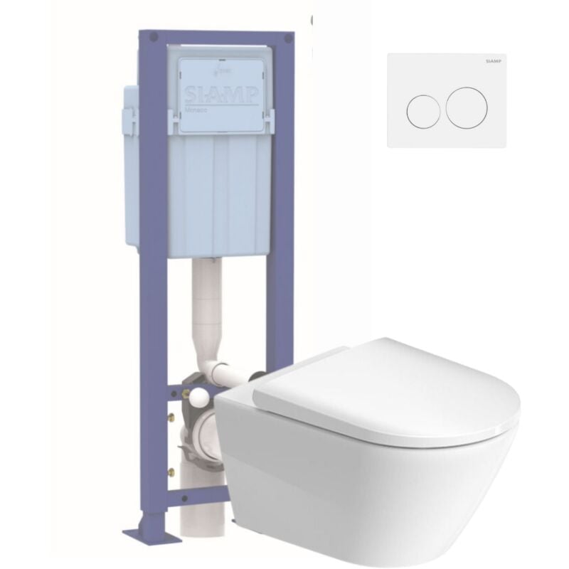 Pack wc suspendu sans bride Duravit D-Neo avec abattant frein de chute + bati support siamp + Plaque de commande blanche