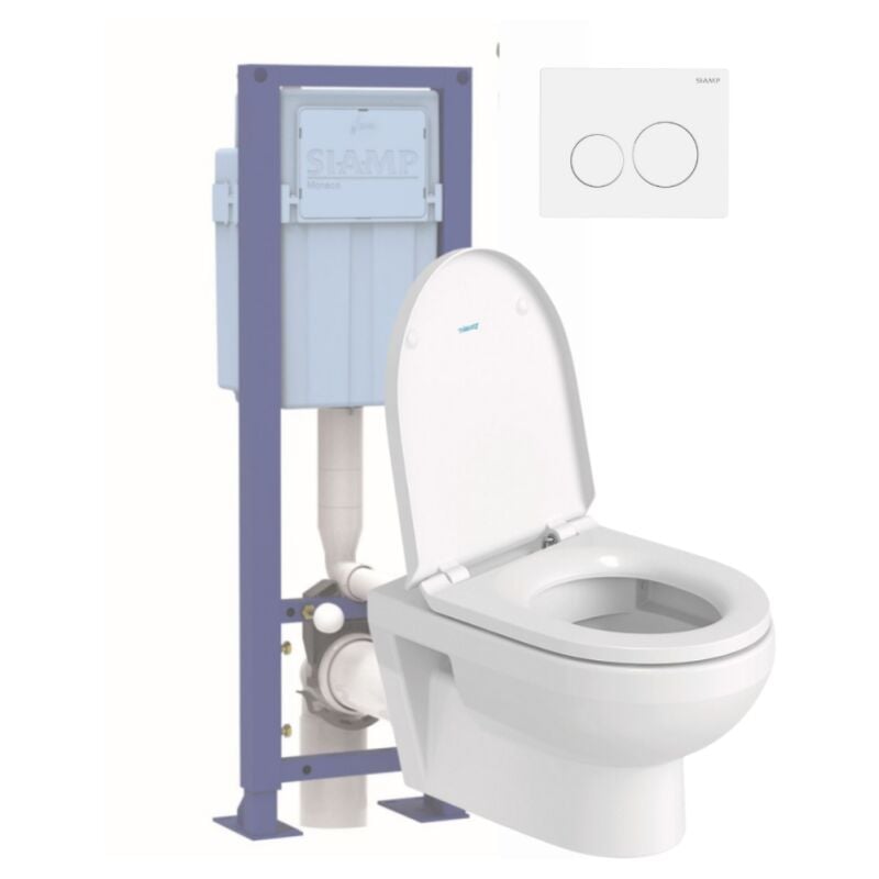 Pack wc suspendu sans bride Duravit Duravit No.1 avec abattant frein de chute + bati support siamp + Plaque de commande blanche