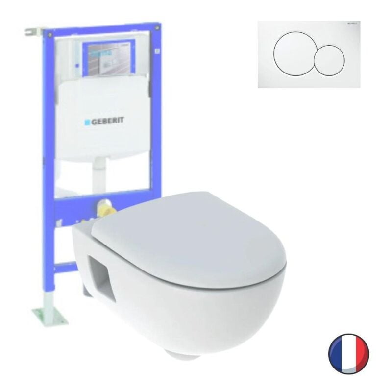 Pack wc suspendu sans bride Geberit Renova, semi-caréné + Bati support + Plaque Sigma01 blanc alpin