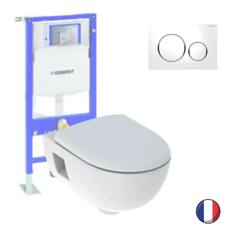 Pack wc suspendu sans bride Geberit Renova, semi-caréné + Bati support + Plaque Sigma20 blanc, chromé brillant