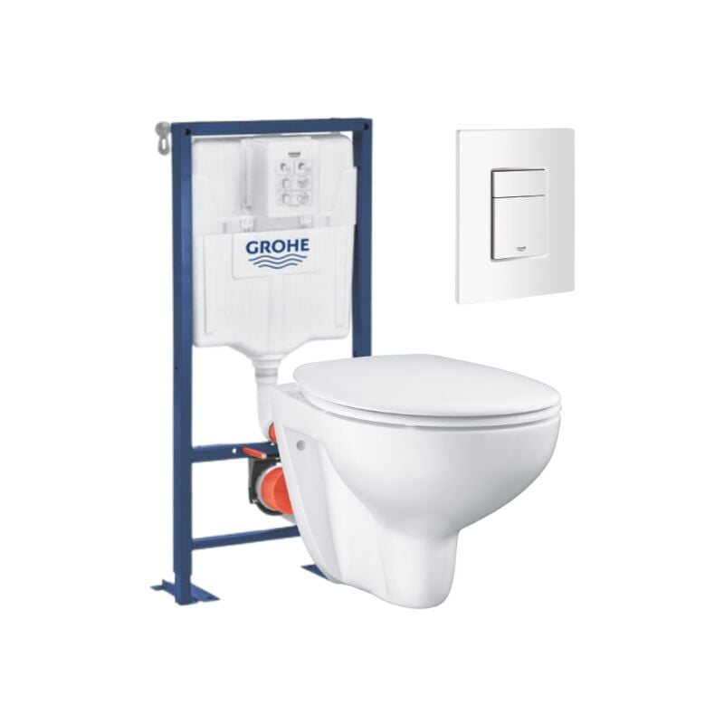 Grohe - Pack wc suspendu sans bride Bau ceramic + Bâti support Solido + abattant + plaque carré blanc alpin