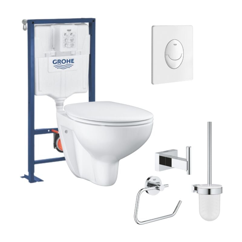 Grohe - Pack wc suspendu sans bride Bau ceramic + Bâti support Solido + abattant + plaque ovale blanc + accessoires