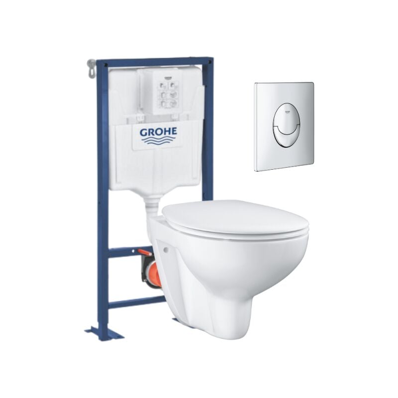 Pack wc suspendu sans bride Grohe Bau ceramic + Bâti support Solido + abattant + plaque ovale chromé