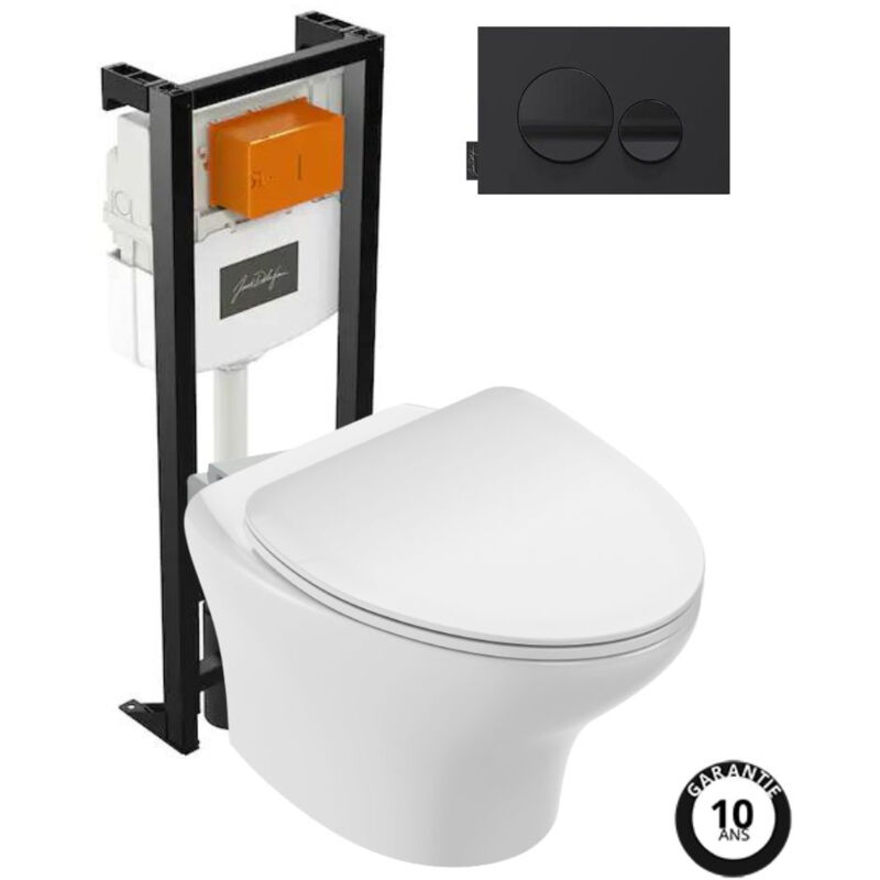 Jacob Delafon - Pack wc suspendu sans bride Nouvelle vague+ bâti-support + plaque Noir brillant/Noir mat