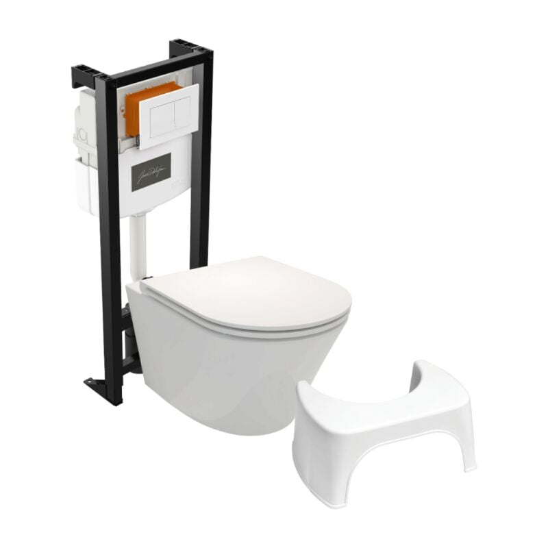 Jacob Delafon - Pack wc suspendu sans bride Rodin+ avec abattant + bâti support + plaque blanche + tabouret blanc