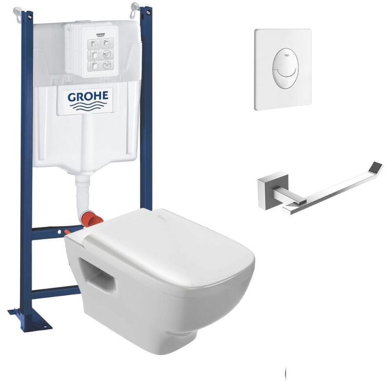 Jacob Delafon - Pack wc suspendu sans bride Struktura + Bati-support grohe + plaque Start blanc + porte-rouleau carré
