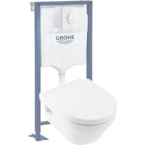 Pack WC suspendu sans bride VILLEROY ET BOCH Architectura Directflush+ abattant frein de chute + bâti-support GROHE Solido + plaque blanche