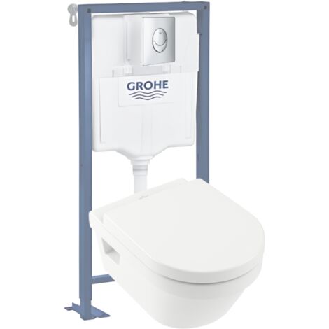 Pack WC suspendu sans bride VILLEROY ET BOCH Architectura Directflush+ abattant frein de chute + bâti-support GROHE Solido + plaque chromée