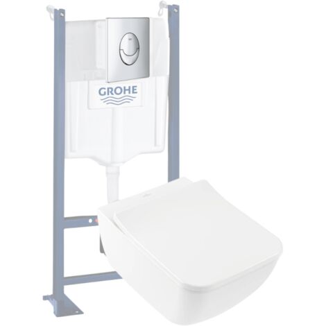 Pack WC suspendu sans bride VILLEROY ET BOCH Venticello + abattant + plaque chromée + bâti Grohe