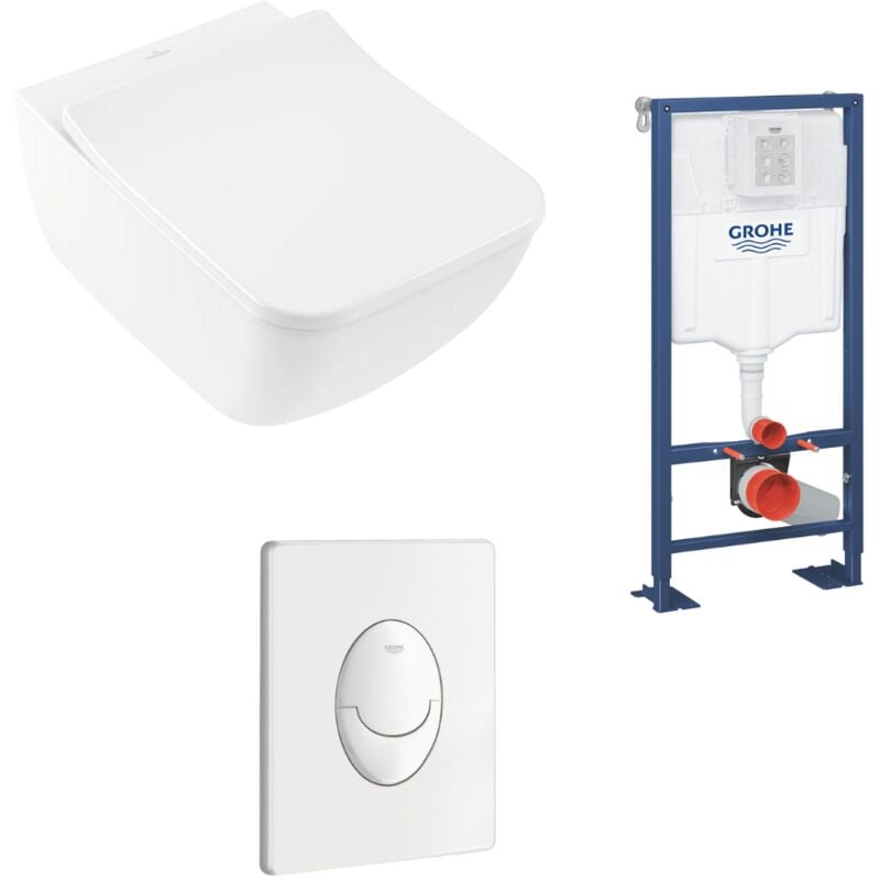 Pack wc suspendu sans bride villeroy et boch Venticello + abattant + plaque blanche + bâti Grohe