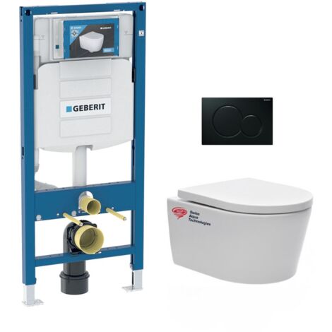 Pack WC Vorwandelement + SAT spülrandlos WC unsichtbarer Befestigung + WC-Deckel Softclose + Schwarze Platte
