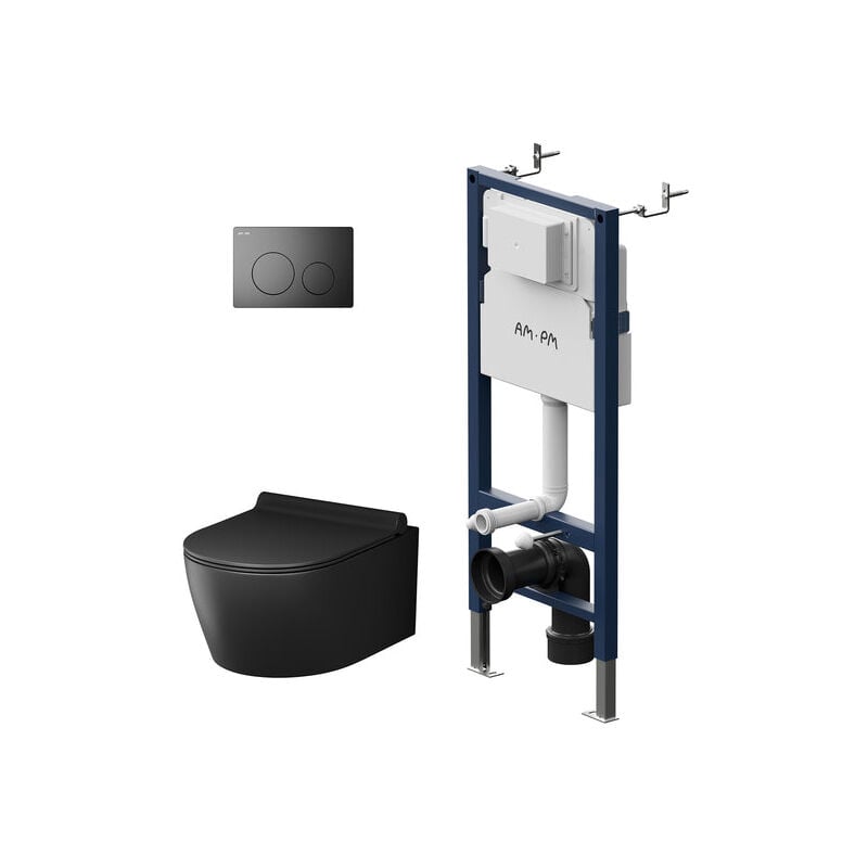 Wc Set Pack wc Bâti-support + wc suspendu sans bride + Abattant softclose + Plaque noir - Am.pm