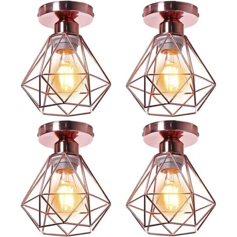 Pack x4 Plafoniera Industriale Metallo, Oro Rosa Lampada da Soffitto Retrò Gabbia di Diamante per Soggiorno, Camera da Letto, Cucina (Senza Lampadine)