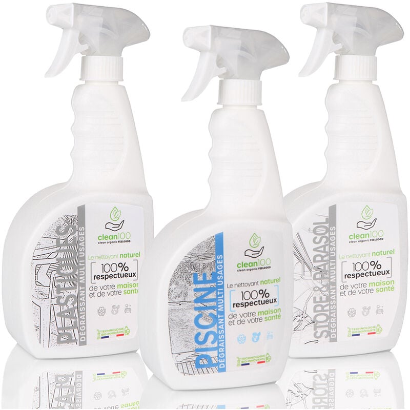 Clean 100 - packs maison - nettoyant liquide spécial piscine - sprayer - Nettoyant Piscine - Parasol et Plastique d'Exterieur - 750ML - blanc