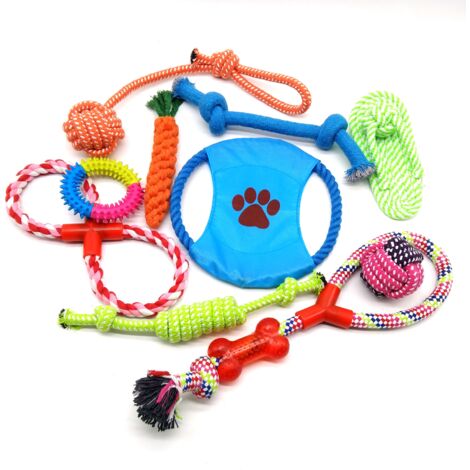 Packung mit 10 Stück Hundespielzeug, Zugschnur, Ball, Knoten, Karotte, Frisbee, Flip-Seil, TPR-Schnalle, waschbares Kauspielzeug für Hunde