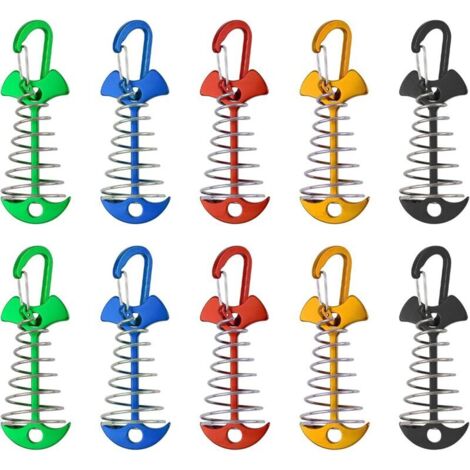Packung mit 10 V-förmigen, windfesten Zeltheringen aus Aluminiumlegierung mit Federschlaufe, tragbarer Anker für Windseile beim Camping.