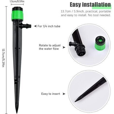 Packung mit 100 Bewässerungstropfern, um 360 Grad verstellbar, kompatibel mit 1/4" (4-6 mm) Bewässerungsschläuchen, für Wasserdurchfluss-Bewässerungssysteme (grün)