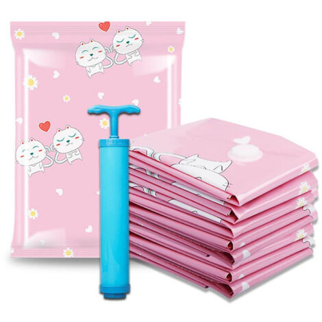 Packung mit 11 wiederverwendbaren Vakuumbeuteln mit Handpumpe, geeignet zum Komprimieren von Kleidung, Kissen und anderen Gegenständen (rosa).