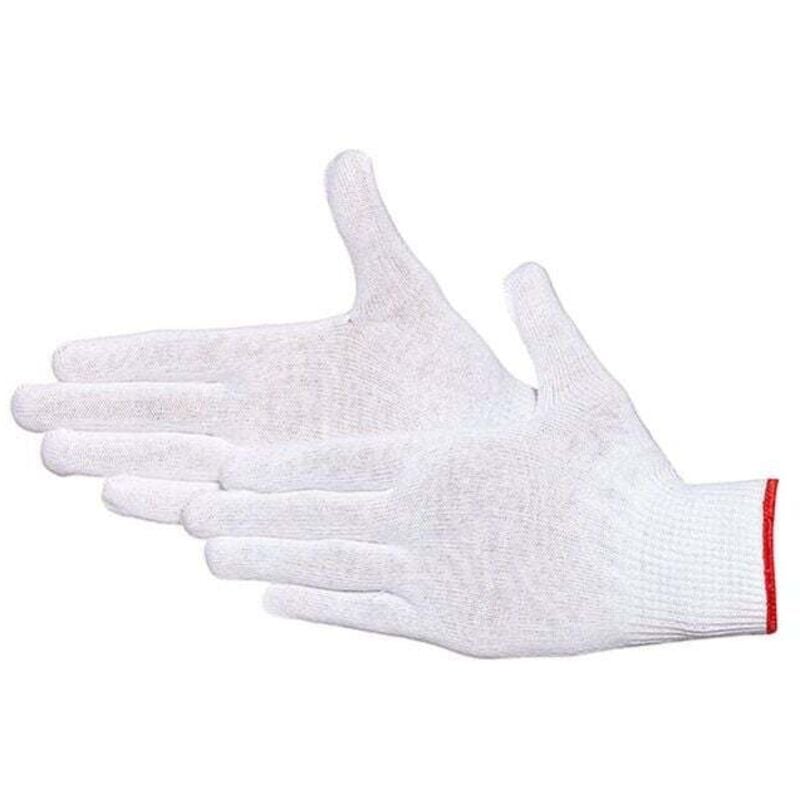 Image of Packung mit 12 Paar dünnen, weißen Baumwollstrickhandschuhen. Handflächenbreite: 10,5 cm