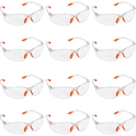 Packung mit 12 transparenten Schutzbrillen – Schutzbrille mit Kunststoffgläsern, Nasensteg und Gummibügelspitzen für Komfort – transparente PSA-Brille