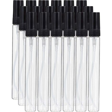 Packung mit 15 Mini-Fläschchen à 10 ml mit feinem Sprühnebel, Klarglas mit schwarzem Verschluss für Parfüm und Toilettenartikel.
