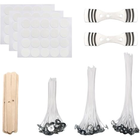 Packung mit 150 Baumwolldochten (10/15/20 cm) mit Holzhaltern, doppelseitigen Aufklebern und Metallständern – ideal für die Herstellung handgemachter Kerzen