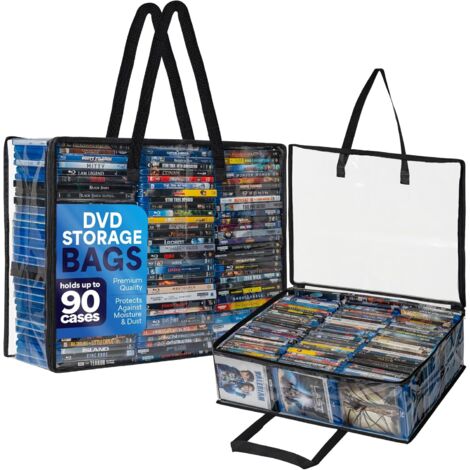 Packung mit 2 durchsichtigen Plastiktüten – Fassungsvermögen: bis zu 90 Blu-rays oder 60 DVDs, mit integrierten Tragegriffen