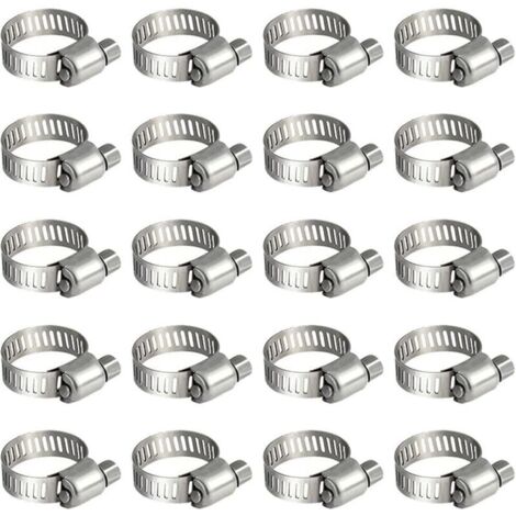 Packung mit 20 Edelstahl-Schlauchschellen für Kraftstoffleitungen. Geeignet für Kfz-Verrohrung, Schwimmbäder, Autos, Teiche und Gärten (6–12 mm).
