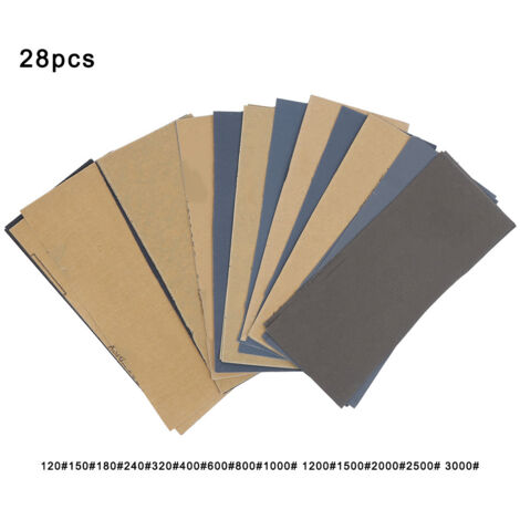 Packung mit 28 Blatt Schleifpapier der Körnung 120-3000 zum Polieren und Endbearbeiten