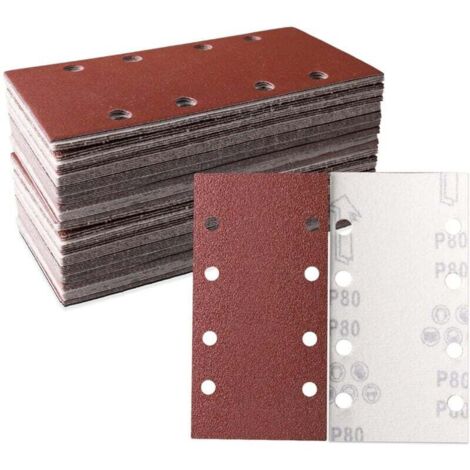 Packung mit 30 Schleifblättern, 93 x 185 mm, quadratisches, selbstklebendes Schleifpapier, 8 Löcher, Körnung 80. Ideal zum Schleifen, Polieren und Entrosten. Geeignet für Rechteckschleifmaschinen.