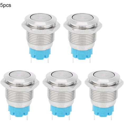 Packung mit 5 Drucktastern, 16 mm, 2 Pins, normalerweise offen, flacher Kopf, wasserdichtes Metall.