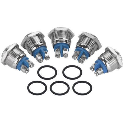 Packung mit 5 wasserdichten Metall-Drucktastenschaltern, 16 mm, 250 V, 2-polig (konvexer Kopf)
